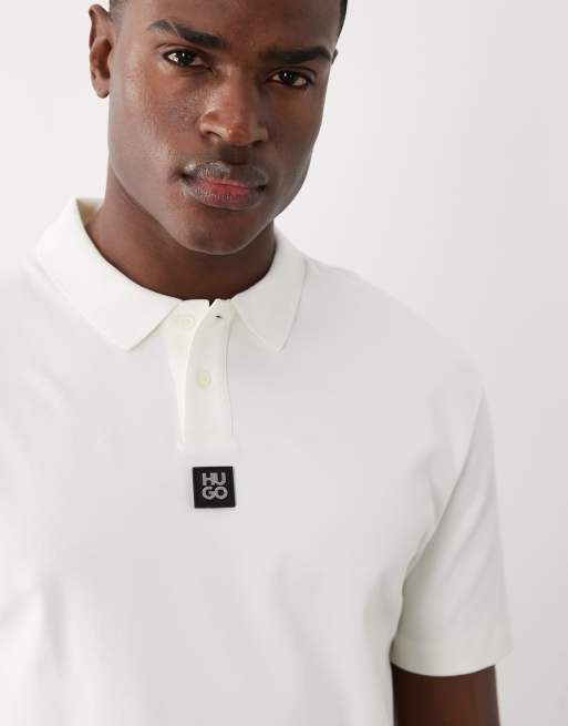 HUGO Red Deabono logo detail polo shirt in off white, 3 of 5