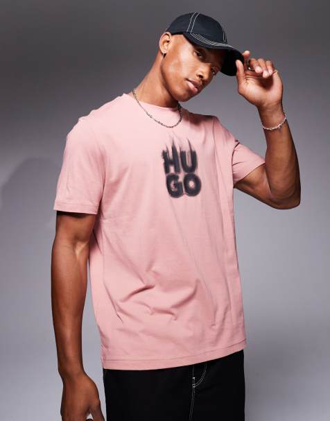 HUGO Red delayer chest print t-shirt with smoked stacked logo in pink - view 1