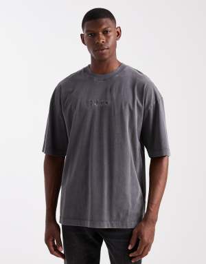 HUGO RED Delw central logo oversized acid wash t-shirt in charcoal