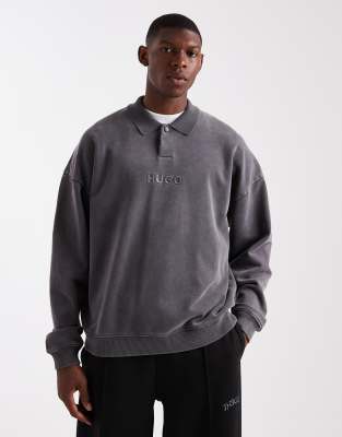 Hugo Red Delwy Central Logo Oversized Rugby Sweatshirt In Grey