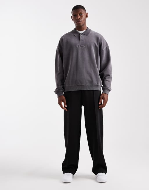 HUGO RED - Delwy - Felpa da rugby oversize lavaggio acido antracite con logo centrale, 2 di 5