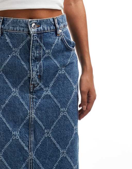 HUGO Red denim maxi skirt in mid wash ASOS