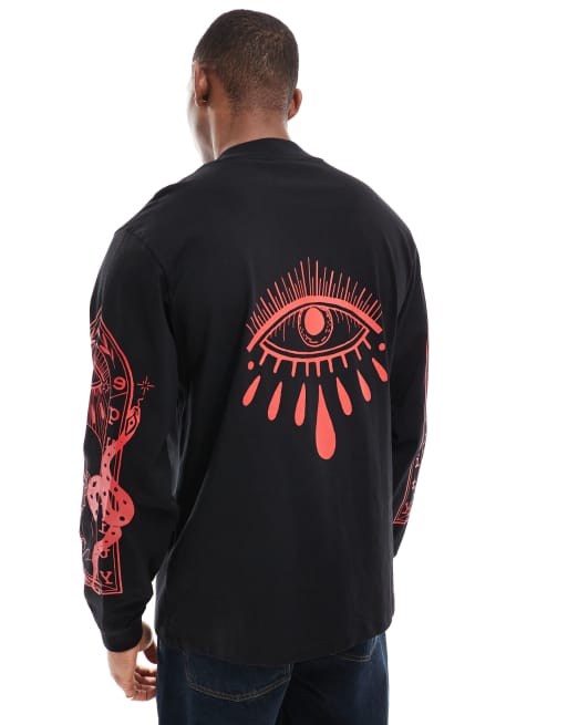 HUGO Red – Dequaliom – Langärmliges T-Shirt in Schwarz mit Grafikprint