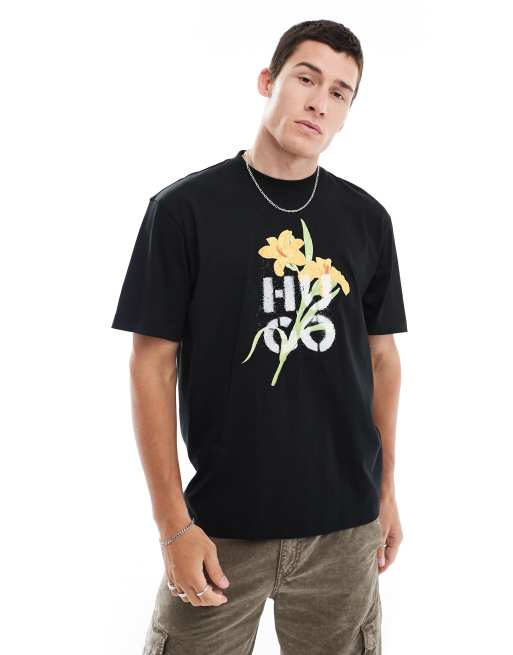 HUGO Red - Dilablumi - Ruimvallend T-shirt met grote gebloemde logoprint op de borst in zwart