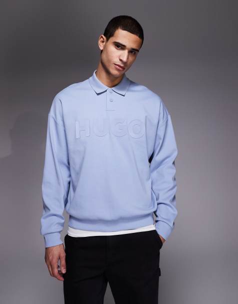 HUGO Red dimolox oversized rugby polo in light blue with tonal logo