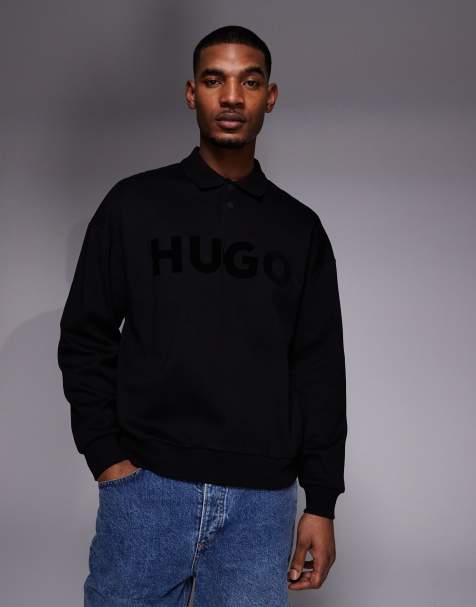 HUGO Red dimolox oversized rugby polo shirt in black with tonal logo - view 1