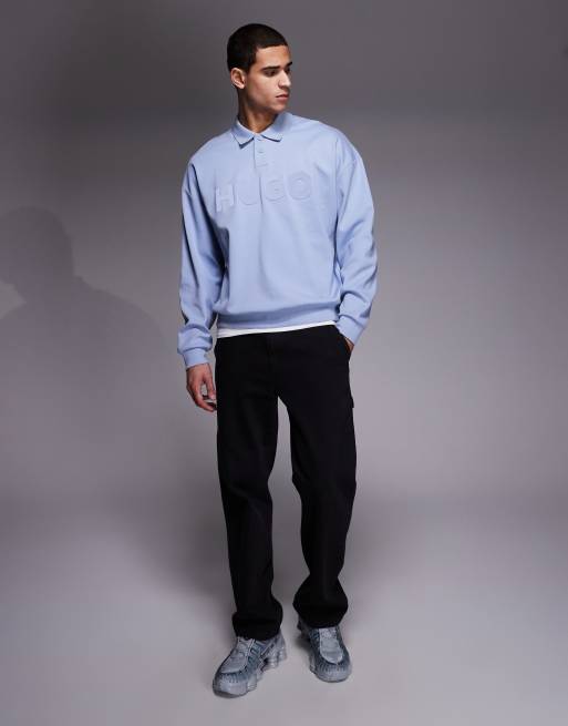 HUGO Red - Dimolox - Polo oversize stile rugby blu chiaro con logo tono su tono, 2 di 5
