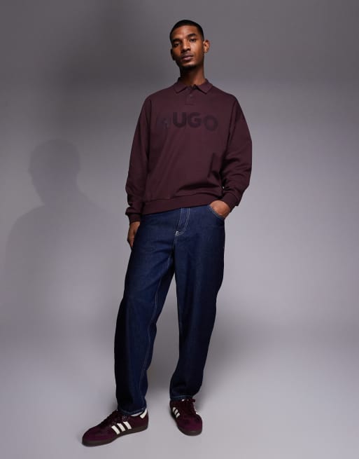 HUGO Red - Dimolox - Polo oversize stile rugby bordeaux con logo tono su tono, 2 di 5