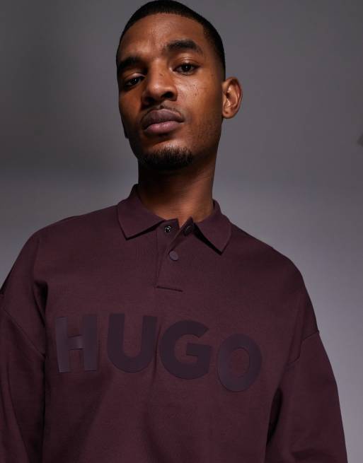 HUGO Red - Dimolox - Polo oversize stile rugby bordeaux con logo tono su tono, 4 di 5