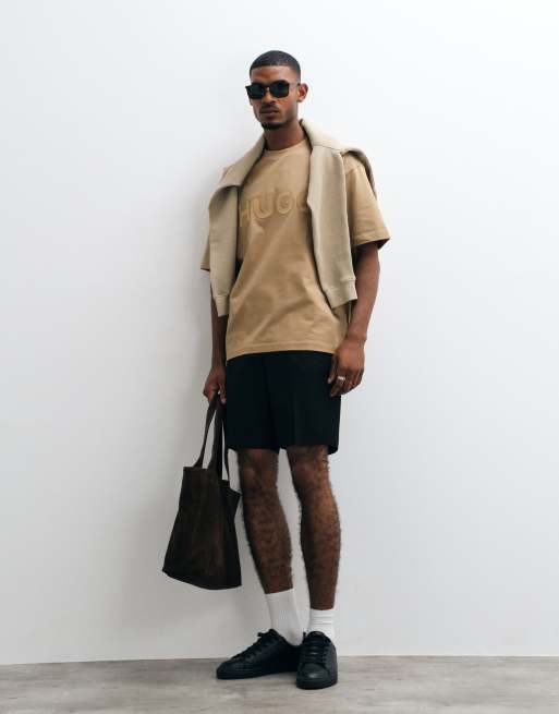 HUGO Red Dinkee co-ord tonal logo oversized fit t-shirt in beige, 2 of 5