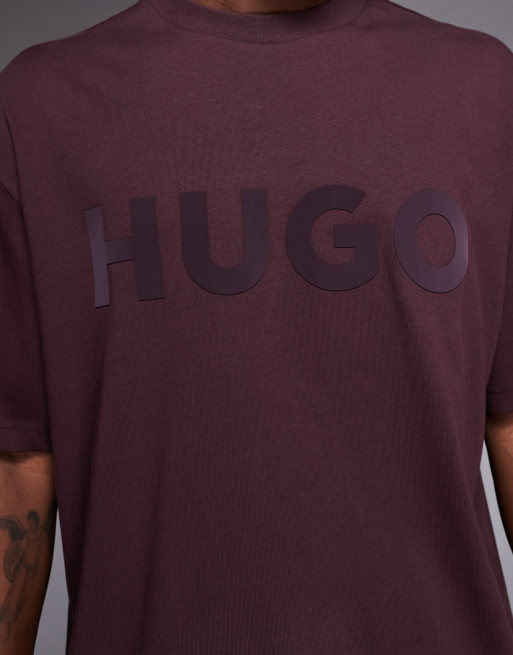 HUGO Red dinkee oversized t-shirt in burgundy with tonal logo print, 5 of 5