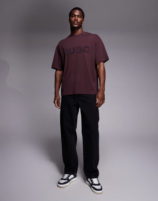 HUGO Red – Dinkee – Vinröd t-shirt i oversize med logga ton-i-ton, 2 av 5