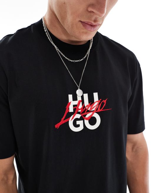 HUGO Red - Diogny - T-shirt met logoprint in het midden in zwart, 2 van 4