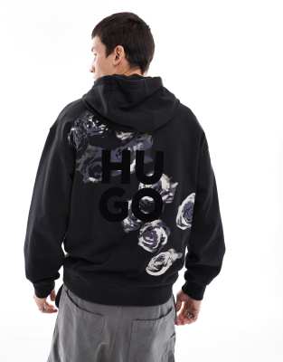 HUGO Red - Dirosehood - Hoodie zonder sluiting met bloemenprint op de borst en rug in zwart