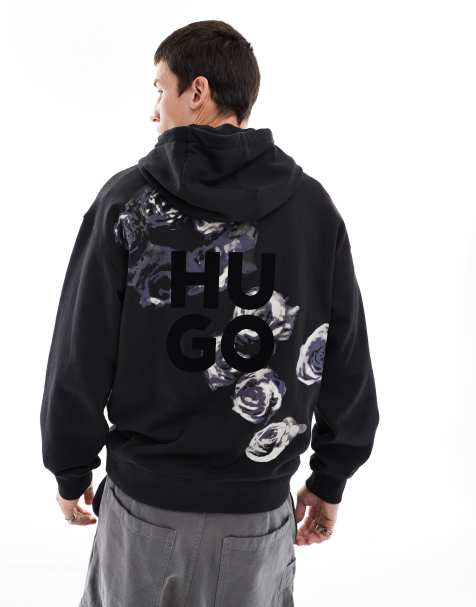 HUGO Red Dirosehood pullover hoodie in black with floral chest and back print - view 1