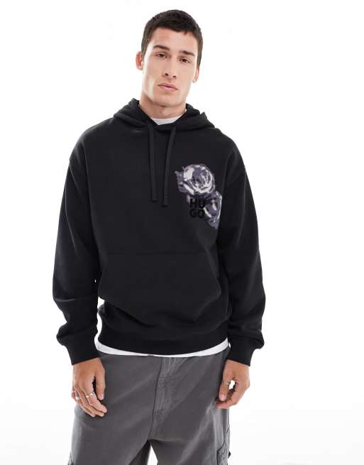 ■Hugo Boss■ Red dirosehood バラ ローズ フーディー HUGO Red dirosehood pullover hoodie in black with floral