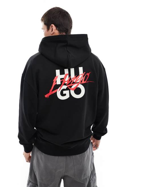 HUGO Red – Dlogolong – Czarna zakładana przez głowę bluza z kapturem i nadrukiem z logo na piersi i plecach