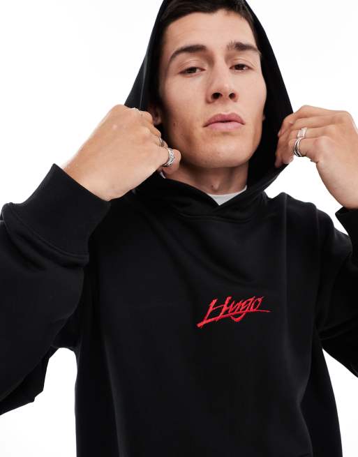 HUGO Red – dlogolong – Kapuzenpullover in Schwarz mit Logo-Print auf Brust und Rücken, 3 von 4