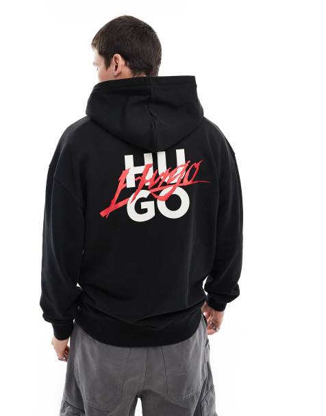 HUGO Red dlogolong pullover hoodie in black with chest and back logo print - view 1