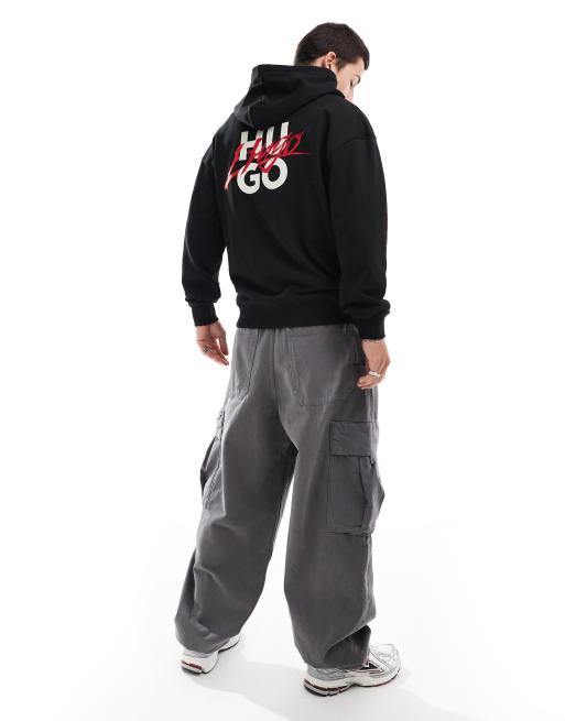 HUGO Red dlogolong pullover hoodie in black with chest and