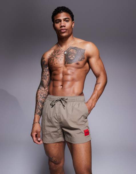 HUGO RED Dominica label logo swim shorts in light brown - view 1