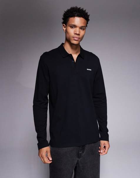HUGO RED Donoslong logo long sleeve polo in black - view 1