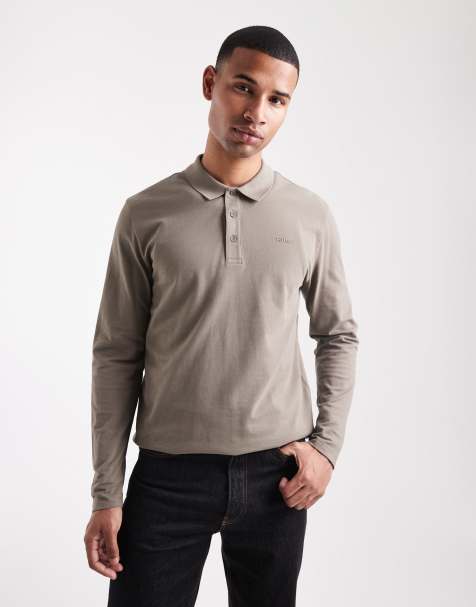 HUGO RED Donoslong logo long sleeve polo in mid grey - view 1