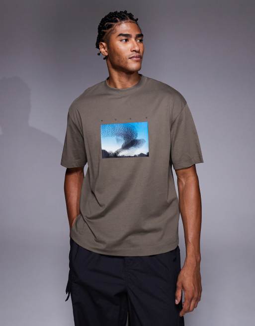HUGO Red - Dorizon - T-shirt oversize grigio medio con stampa del logo e di uccello, 3 di 5