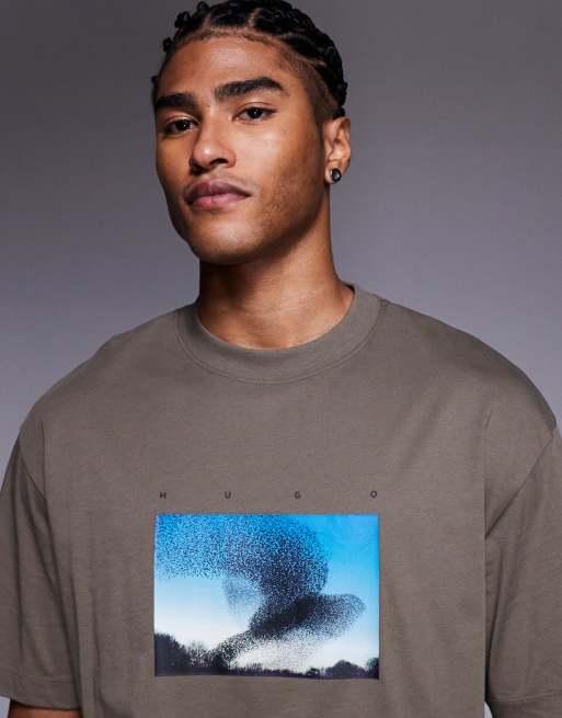 HUGO Red - Dorizon - T-shirt oversize grigio medio con stampa del logo e di uccello, 5 di 5