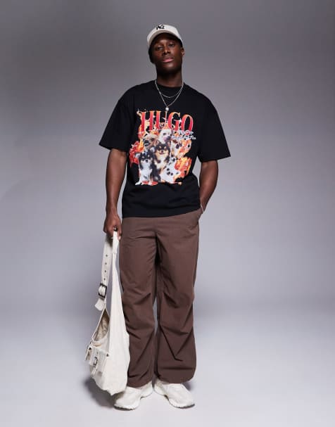 HUGO RED Dugie logo dog print oversized fit t-shirt in black - view 1