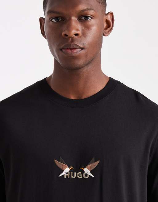 HUGO RED Dugolini embroidered animal central logo t-shirt in black, 5 of 5