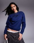 [Hugo Red] HUGO Red easy crew neck sweatshirt in navy with logo print and diamante detailing-Blue 14 Blue