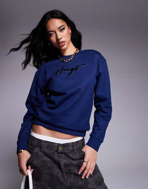 HUGO Red - Easy - Felpa girocollo blu navy con stampa del logo e dettagli di strass