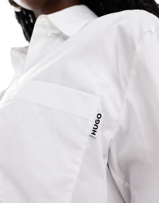 HUGO Red Ecarla cropped long sleeve shirt in white