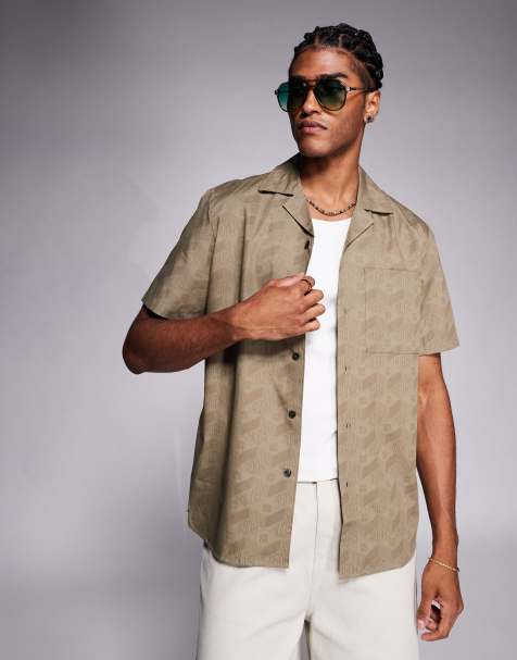 HUGO Red Ellino revere collar all-over tonal repeat monogram short sleeve relaxed fit shirt in brown - view 1