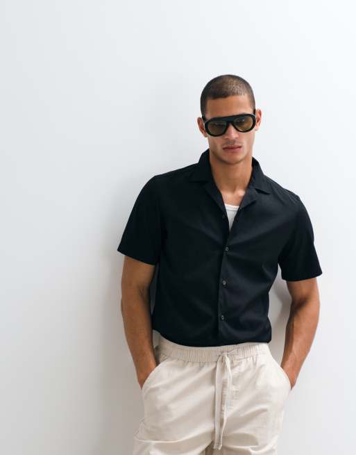 HUGO Red Ellino revere collar shirt in black, 3 of 5