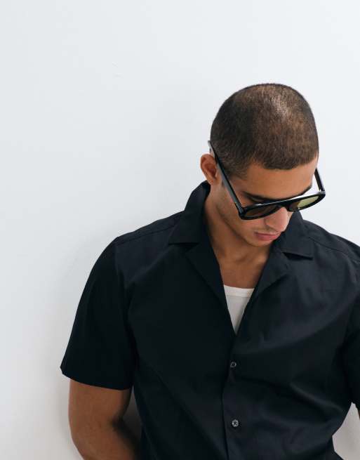 HUGO Red Ellino revere collar shirt in black, 4 of 5