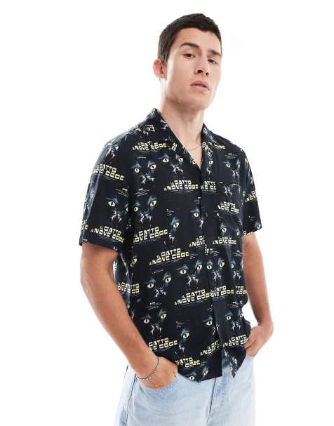 HUGO Red ellino short sleeve revere collared shirt in black with all over print - view 1