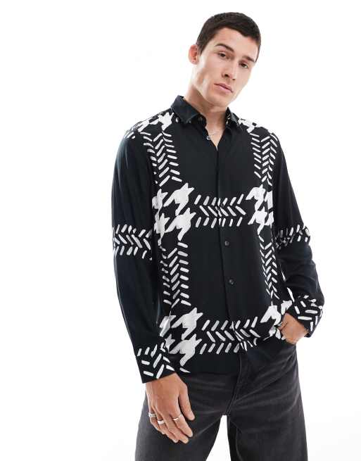 HUGO Red - Emero - Overhemd met lange mouwen in zwart met oversized pied-de-poule print