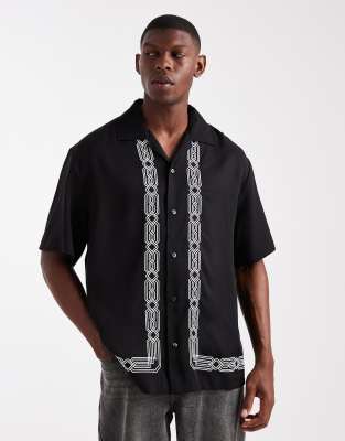 Hugo Red Espino Border Print Oversized Short Sleeve Shirt In Black
