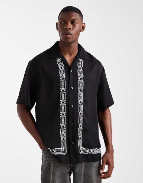 HUGO RED Espino border print oversized short sleeve shirt in black - view 1