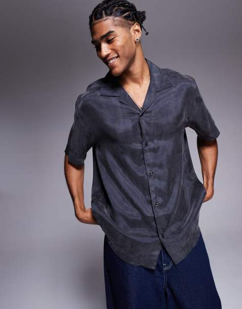 HUGO RED Espino camp collar short sleeve oversized shirt in black - view 1