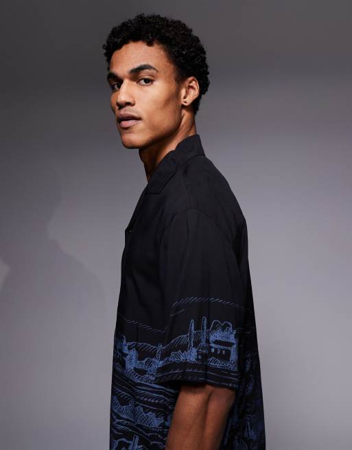 HUGO Red espino oversized fit open collar print shirt in black | ASOS