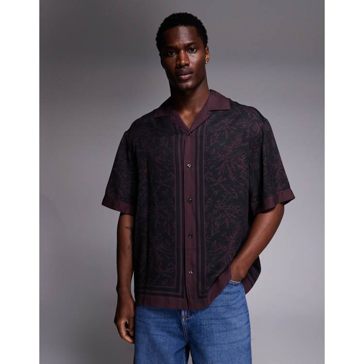 HUGO Red espino oversized fit open collar print shirt in burgundy