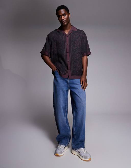 HUGO Red espino oversized fit open collar print shirt in burgundy