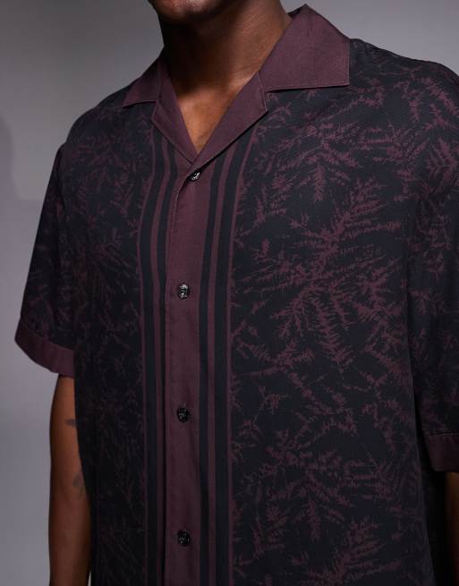 HUGO Red espino oversized fit open collar print shirt in burgundy | ASOS