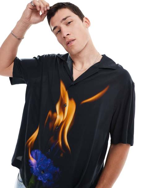 HUGO Red espino short sleeve revere collared shirt in black with flower print - view 1