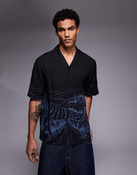 HUGO Red - Espino - Sort oversized skjorte med åben krave og print - view 1