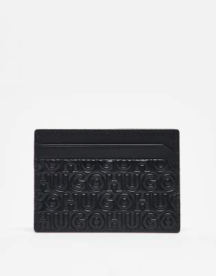 HUGO - RED - Ethon - Porte-cartes en cuir avec logo estampé - Noir