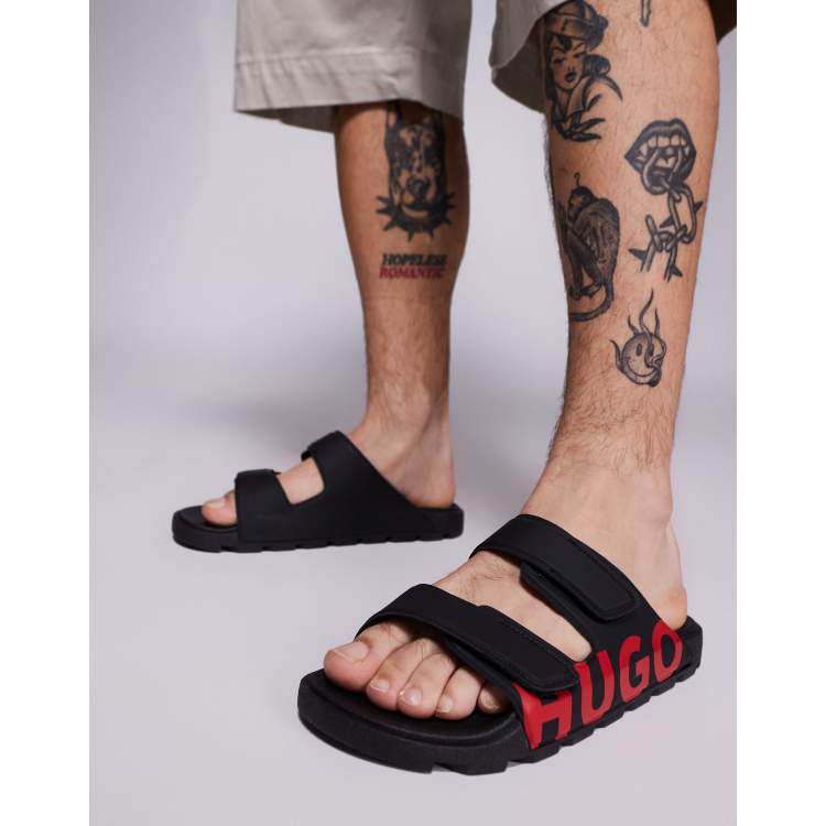 HUGO RED Evander large logo sandals in black | ASOS